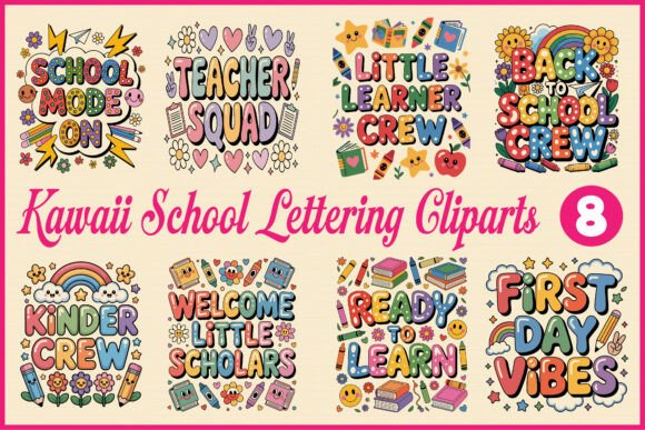 Kawaii School Lettering Cliparts: Graphics for Crafts & Small Business Branding